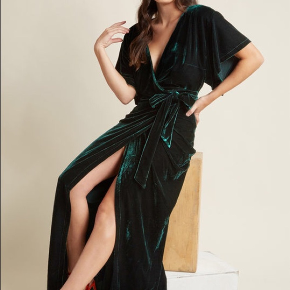 Deep Emerald Green Velvet Maxi Wrap Dress